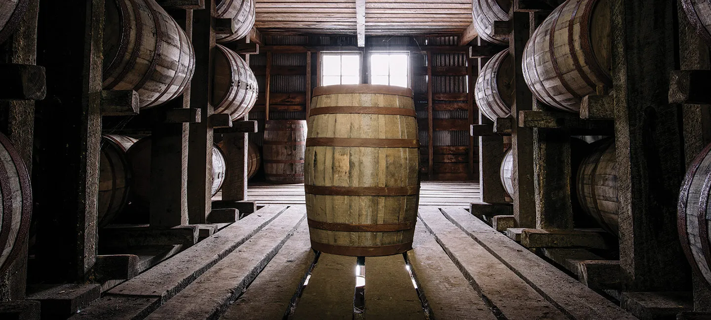 Barrel standing in-between Jim Beam Warehouse